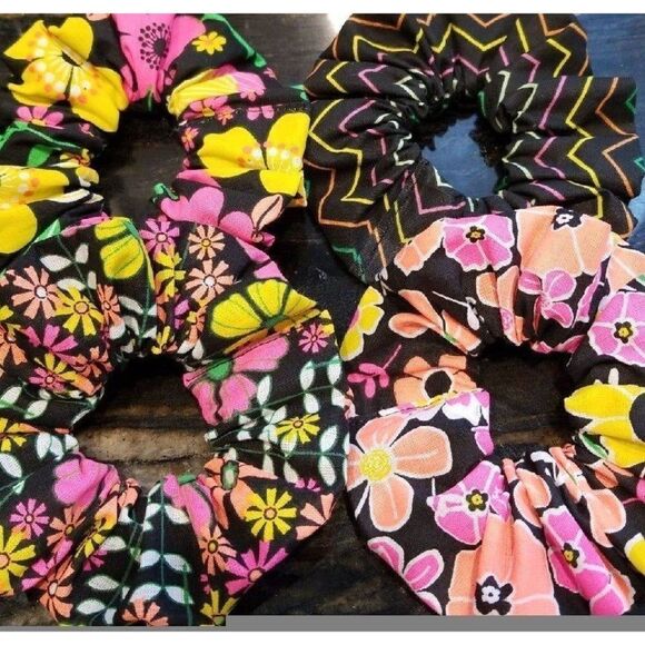 #26 Four NEON Handmade Floral Fun Hair Scrunchies, Great Gift Idea! - Picture 1 of 4